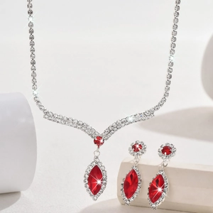 Elegant bridal V-shaped necklace and earrings set with red marquise stones and crystals