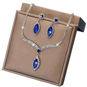 Exquisite bridal V-shaped necklace and earring set with blue stones and crystals