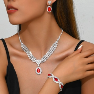 Luxury silver-plated jewelry set with sparkling red gemstones for wedding gowns