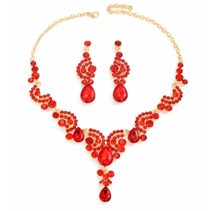 Elegant bridal jewelry set with red teardrop rhinestones on gold necklace and earrings