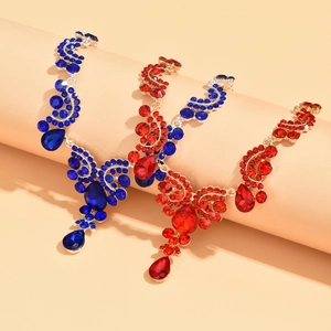 Baroque floral necklace sets with sapphire blue and ruby red crystals on gold alloy stands
