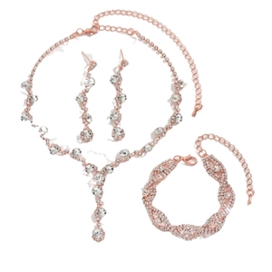 Funkelndes Brautschmuck-Set aus Roségold mit Kristall-Halskette Ohrringen und Armband
