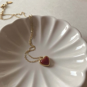 Stainless Steel Heart Pendant Necklace And Earrings 18K Gold Plated Imitation Red Agate Jewelry For Women Retro Elegant