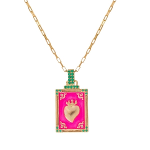 Collier chaîne trombone doré avec pendentif tarot cœur rose et cristaux verts