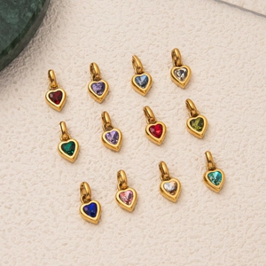 Titanium steel heart birthstone pendants with colorful gemstones and gold finish