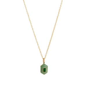 Detail of 18k gold chain with hexagonal green stone pendant and emerald-cut gem center
