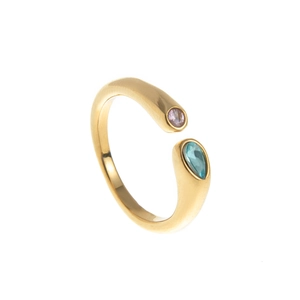 Vue détaillée de la bague ouverte plaquée or 18 carats avec pierres de naissance rose et bleu