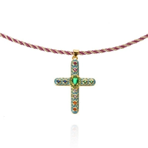 Collier croix vintage avec incrustation d'émail coloré et cordon tressé violet