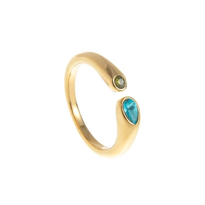 Bague ouverte en acier inoxydable doré 18 carats avec pierres verte et bleue