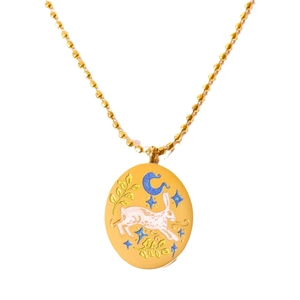 18K gold plated stainless steel necklace with hand-painted rabbit and moon tarot pendant