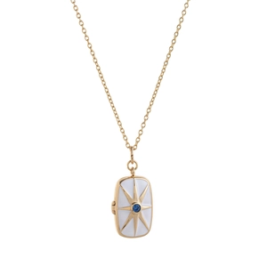 Golden locket necklace with white enamel background, star motif and blue sapphire gem