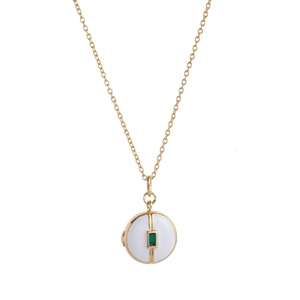 Golden round locket necklace with white enamel and rectangular green gemstone