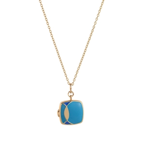 Square vintage locket necklace with blue enamel geometric pattern on a gold chain