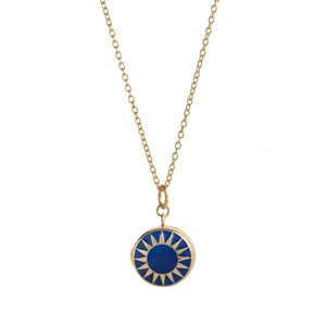 Vintage golden round photo locket necklace with blue enamel and sunburst design
