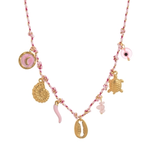 Detail of bohemian woven necklace with golden shell, turtle, and moon charms on pink rope