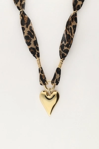 Collar con Colgante de Corazón de Acero Inoxidable Correa de Tela de Leopardo Chapado en Oro 18K Joyería Geométrica para Mujer