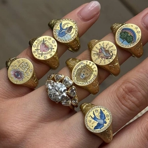 Vintage Stainless Steel 18K Gold Plated Signet Ring Enamel Painted Lion Mermaid Heart Adjustable Open Ring Fashion Jewelry Women Men
