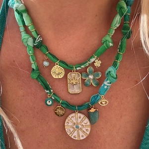 Bohemian multilayer necklace with green leopard velvet cord and evil eye charms