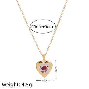 Vintage gold heart necklace with rose floral print pendant and adjustable 45cm chain