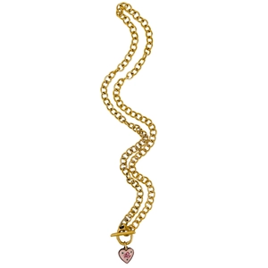 Vintage gold chunky chain necklace with pink heart rose pendant and toggle closure