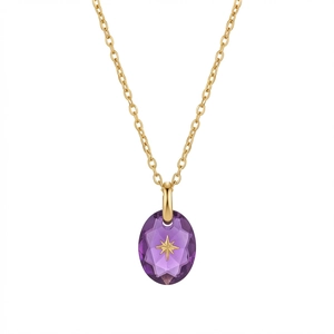 Macro-opname van ovale paarse steen ketting met gouden poolster hanger detail