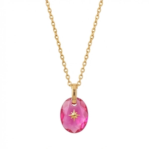 Detail van roze ovale edelsteen hanger met gouden poolster en zirkoon aan ketting