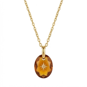 Detailopname van gouden ketting met ovale barnsteen kristallen hanger en poolster detail