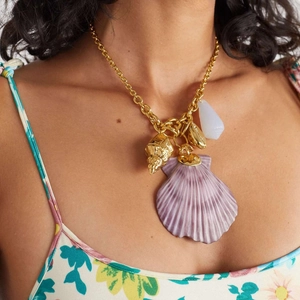 Golden Copper Ocean Theme Pendant Necklace Purple Scallop Shell Conch Teardrop Bead Coastal Beach Vacation Jewelry For Women