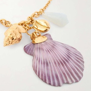 Golden sea shell necklace with large purple striped scallop and natural white stone pendant