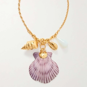 Golden chain necklace featuring a large purple natural shell and conch charms