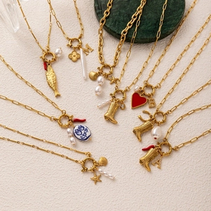 Vintage gold plated charm necklace with heart pearl and colorful enamel pendants