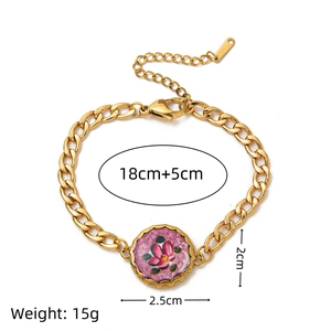 Bracelet vintage doré à maillons avec pendentif floral rose et fermoir de 18+5cm