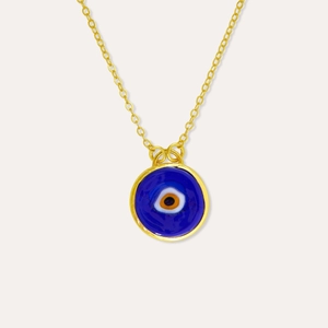 18k gold plated stainless steel O-chain necklace with blue evil eye pendant detail