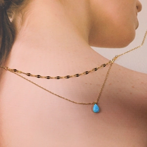 Double-layer 18K gold-plated necklace with a teardrop blue opal pendant and flat snake chain