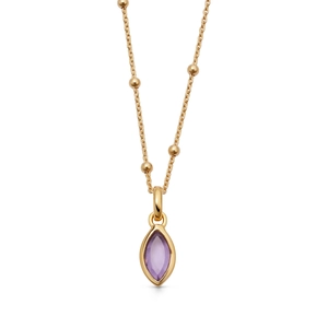 Detail of 18K gold plated beaded chain featuring a marquise-cut purple zircon pendant