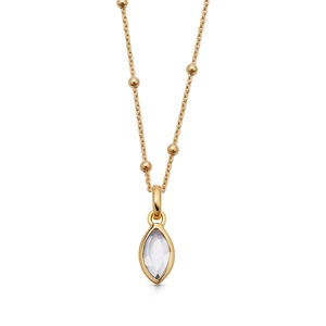 Detailed macro of 18K gold plated bead chain with Marquise cut cubic zirconia pendant