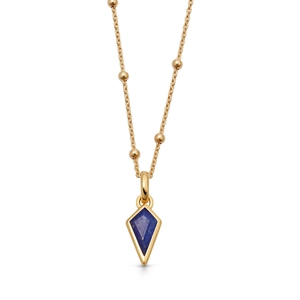 Detail of 18K gold plated bead chain with kite-shaped blue stone pendant