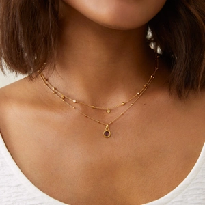 Double-layer 18K gold plated stainless steel necklace with purple zircon and gold beads