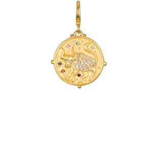 Vintage Taurus zodiac coin pendant necklace with colorful gemstones and crystals in gold