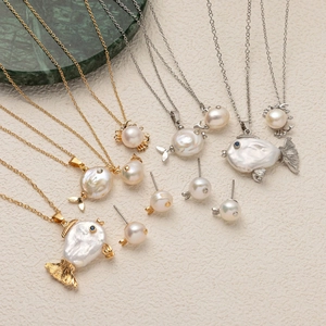 Baroque Freshwater Pearl Marine Life Whale Crab Fish Pendant Necklace Earrings Set Gold Silver Plated Copper Women Jewelry