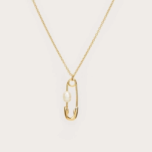 Elegant gold safety pin necklace featuring a natural freshwater pearl on a gold chain