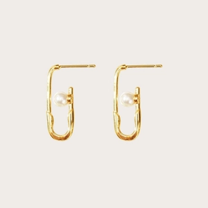 Elegant gold-plated safety pin earrings featuring round white freshwater pearls