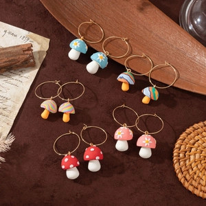 Creative Mushroom Hoop Earrings Handmade Polymer Clay Copper Enamel Cute Vintage Colorful Dangle Earrings For Women Gift