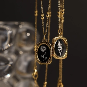 Vintage 18K gold plated double layer necklace with rose and botanical enamel pendants