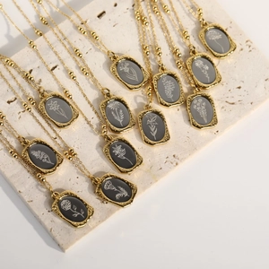 Vintage 18K gold plated double layer flower pendant necklaces with rose engravings