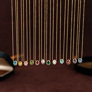Collier en Acier au Titane Plaqué Or 18K Pierre de Naissance Vintage Pendentif Zircon Ovale Bijoux Cadeau d'Anniversaire Femme