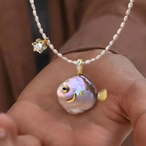Cute Artificial Baroque Pearl Fish Pendant Necklace For Women 18K Gold Plated Copper Zircon Ocean Animal Whale Starfish Jewelry