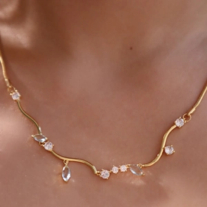 18k gold plated cuban link necklace with wave fringe and blue zircon stones for women