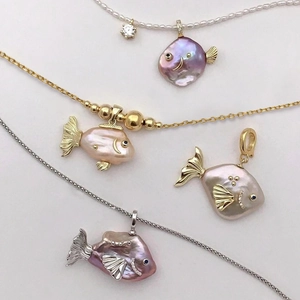 Baroque pearl fish pendants in gold and silver plating with colorful shell luster