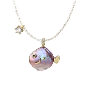 Fish-shaped purple baroque pearl necklace with gold accents and a white pearl chain